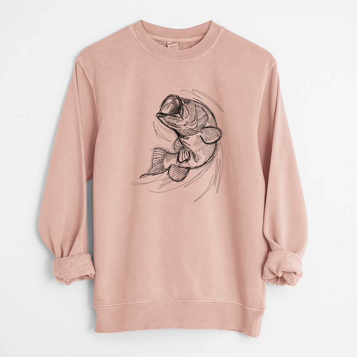 Dusty pink pigment dyed crewneck sweatshirt laid flat with the sleeves rolled, printed with a detailed black ink illustration of a largemouth bass leaping with its mouth open.