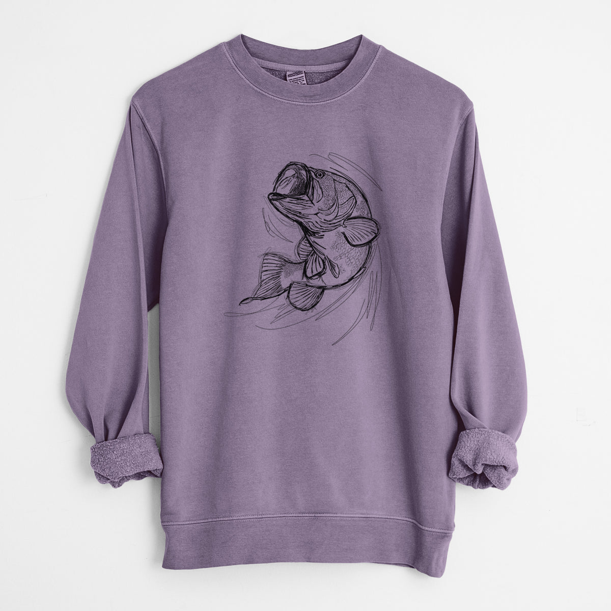Plum purple pigment dyed crewneck sweatshirt laid flat with the sleeves rolled, printed with a detailed black ink illustration of a largemouth bass leaping with its mouth open.