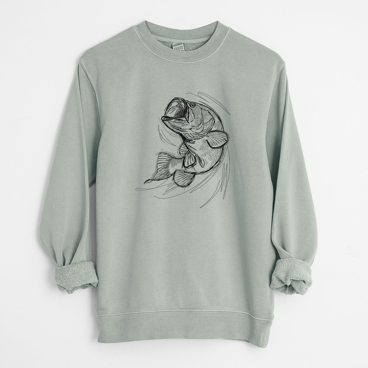 Sage green pigment dyed crewneck sweatshirt laid flat with the sleeves rolled, printed with a detailed black ink illustration of a largemouth bass leaping with its mouth open.