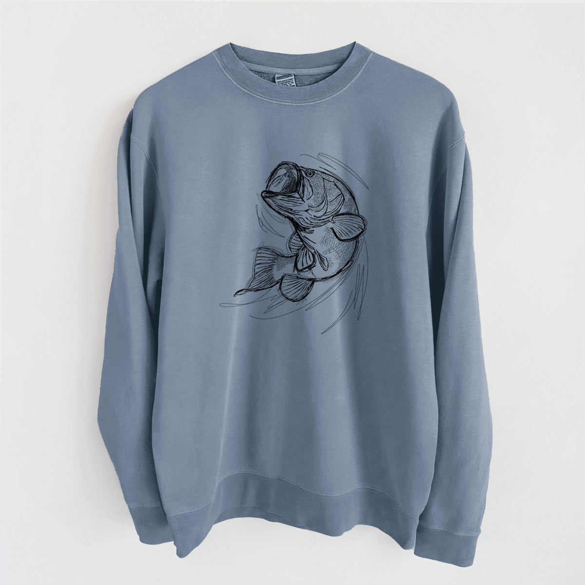 Slate blue pigment dyed crewneck sweatshirt laid flat, printed with a detailed black ink illustration of a largemouth bass leaping with its mouth open.