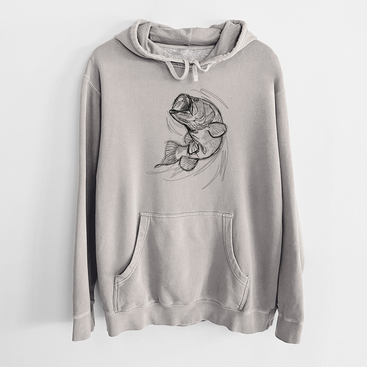 Cement grey pigment dyed hoodie laid flat, printed with a detailed black ink illustration of a largemouth bass leaping with its mouth open.