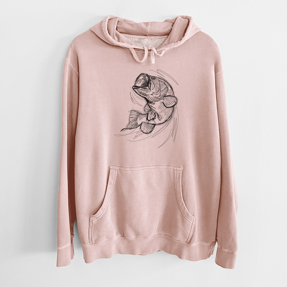 Dusty pink pigment dyed hoodie laid flat, printed with a detailed black ink illustration of a largemouth bass leaping with its mouth open.