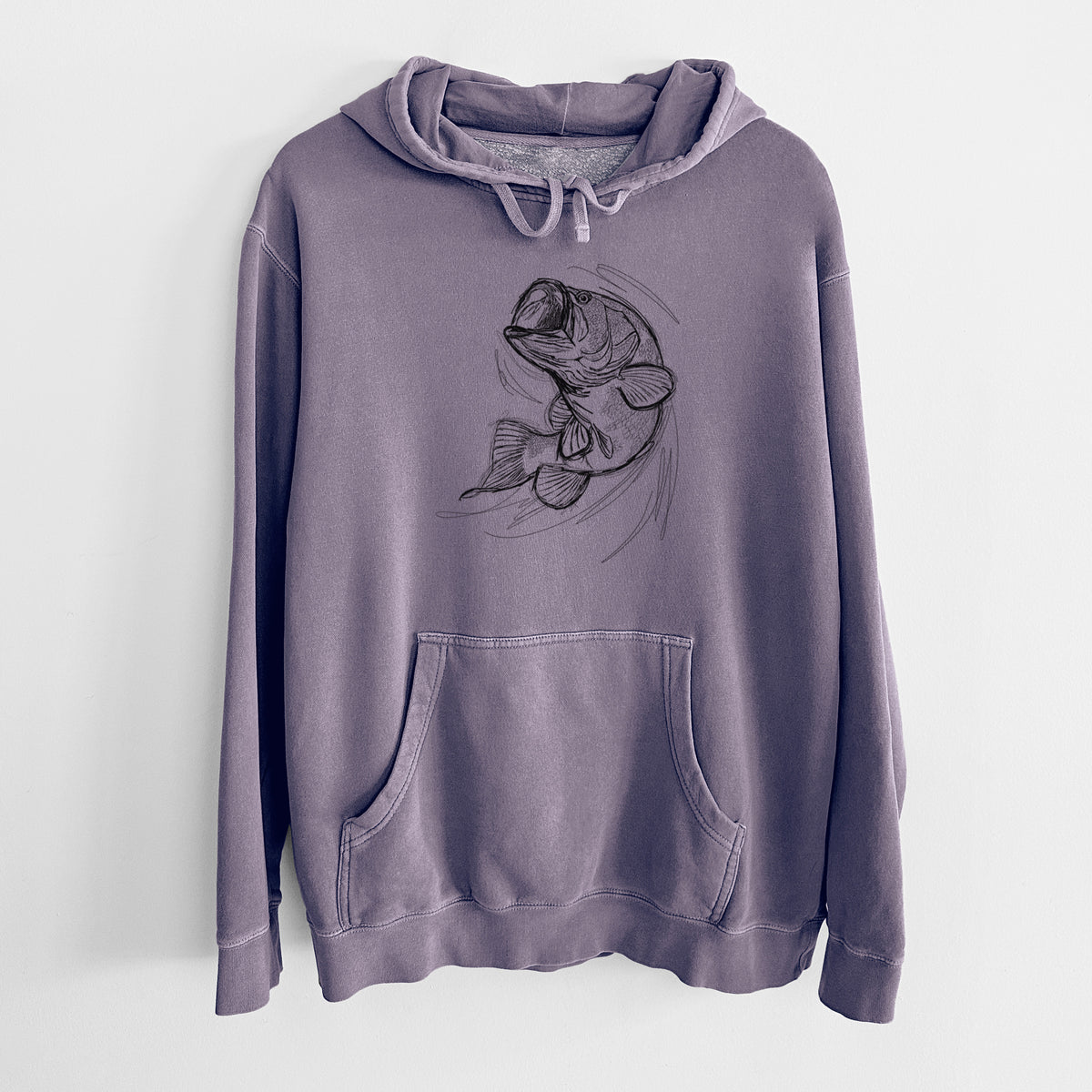 Plum purple pigment dyed hoodie laid flat, printed with a detailed black ink illustration of a largemouth bass leaping with its mouth open.