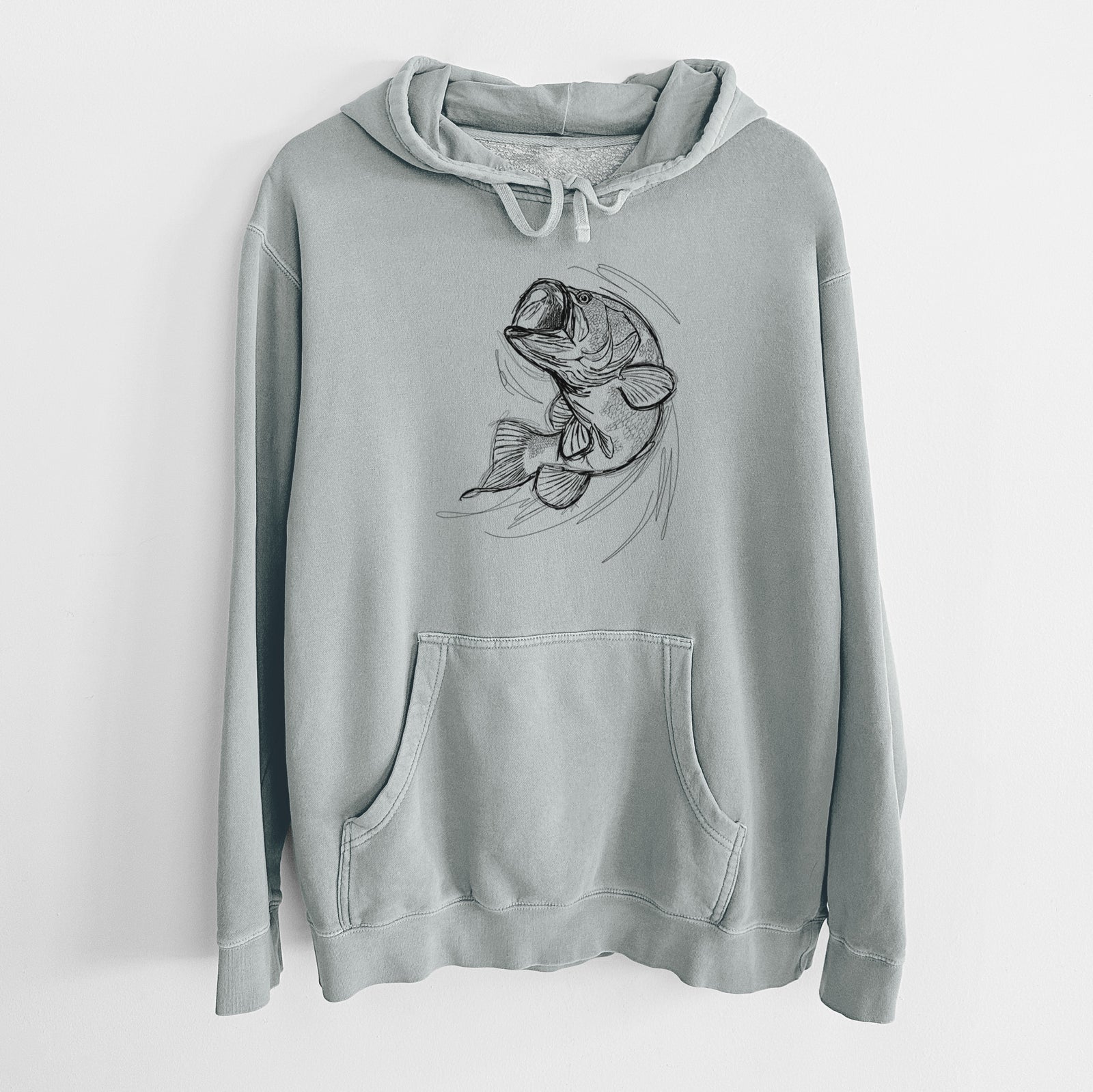 Sage green pigment dyed hoodie laid flat, printed with a detailed black ink illustration of a largemouth bass leaping with its mouth open.