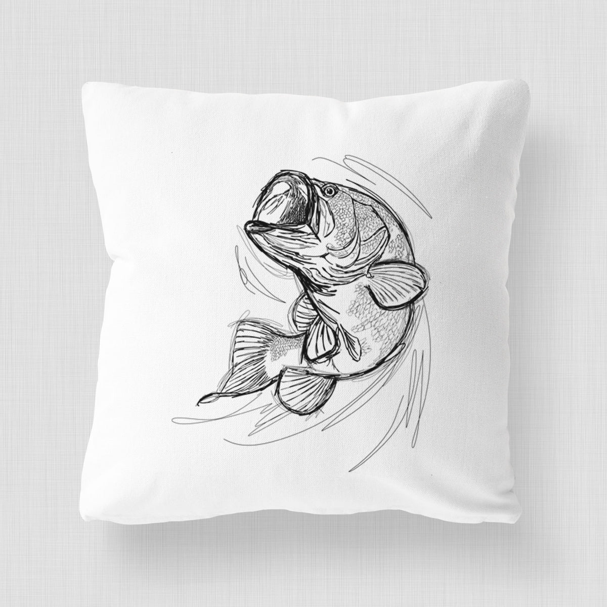 White pillow cover printed with a detailed black ink illustration of a largemouth bass leaping with its mouth open.
