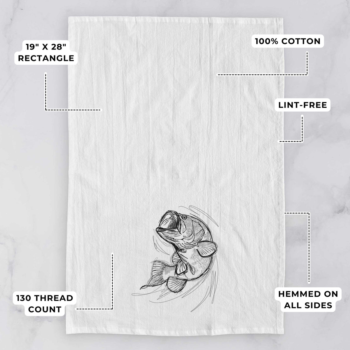 White tea towel printed with a detailed black ink illustration of a largemouth bass leaping with its mouth open, with feature labels: 19 by 28 inch rectangle, 100% cotton, lint-free, 130 thread count, hemmed on all sides.