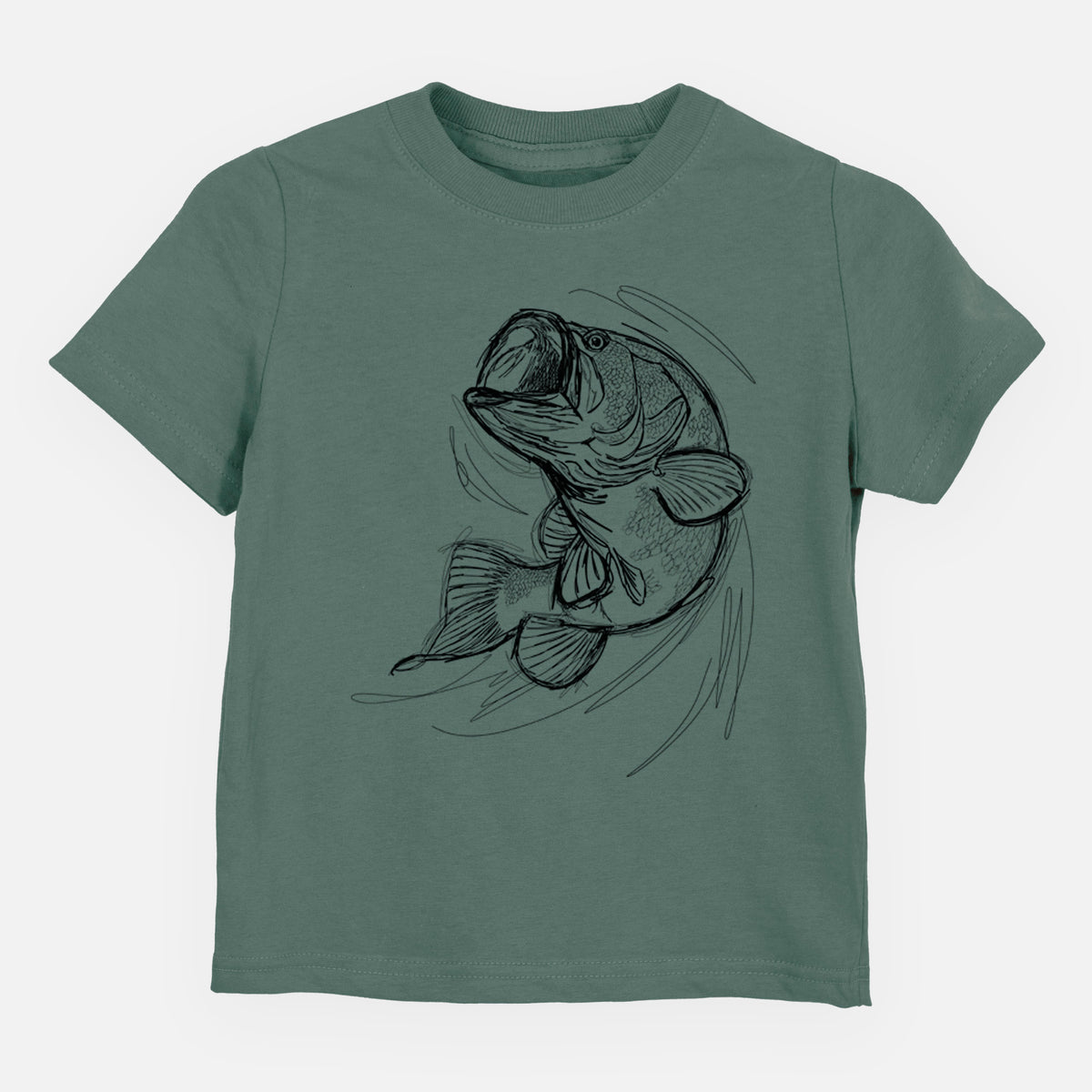 Basil green toddler t-shirt laid flat, printed with a detailed black ink illustration of a largemouth bass leaping with its mouth open.