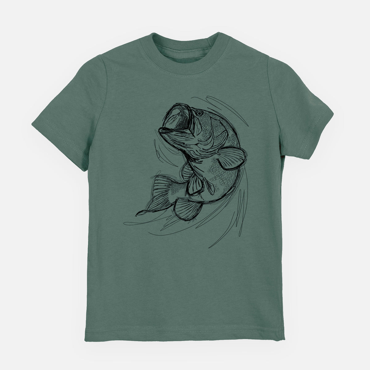 Basil green youth t-shirt laid flat, printed with a detailed black ink illustration of a largemouth bass leaping with its mouth open.