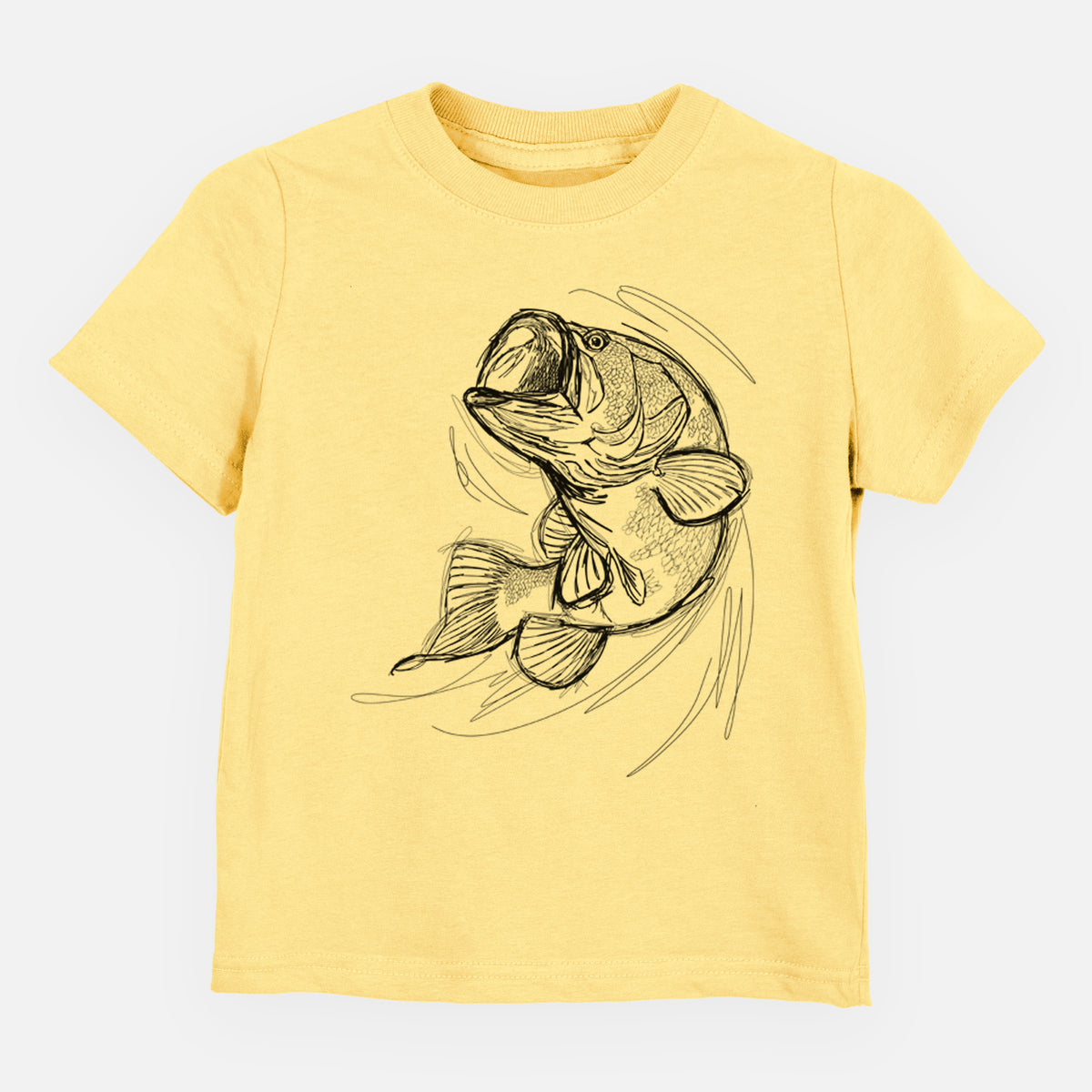Butter yellow toddler t-shirt laid flat, printed with a detailed black ink illustration of a largemouth bass leaping with its mouth open.