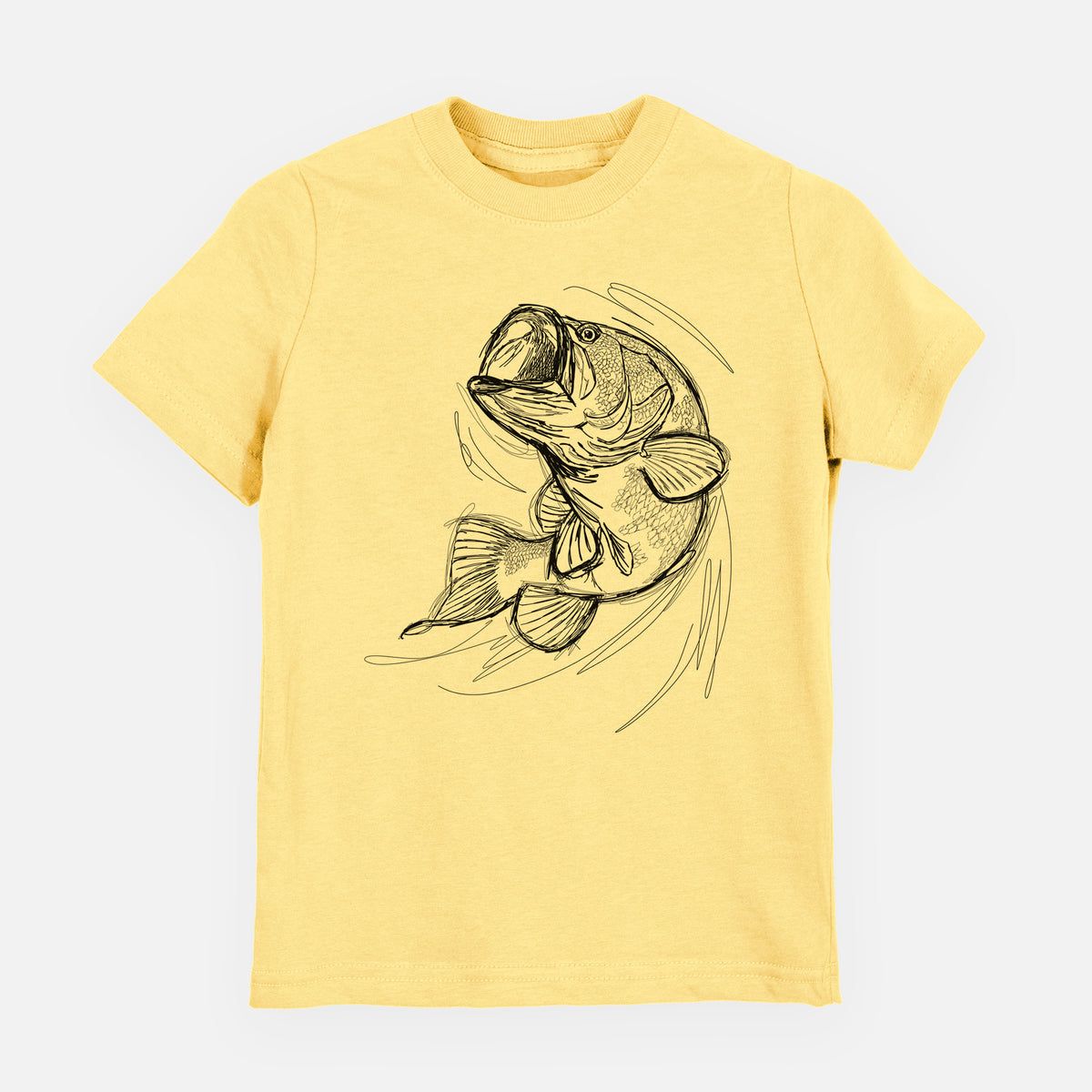 Butter yellow youth t-shirt laid flat, printed with a detailed black ink illustration of a largemouth bass leaping with its mouth open.