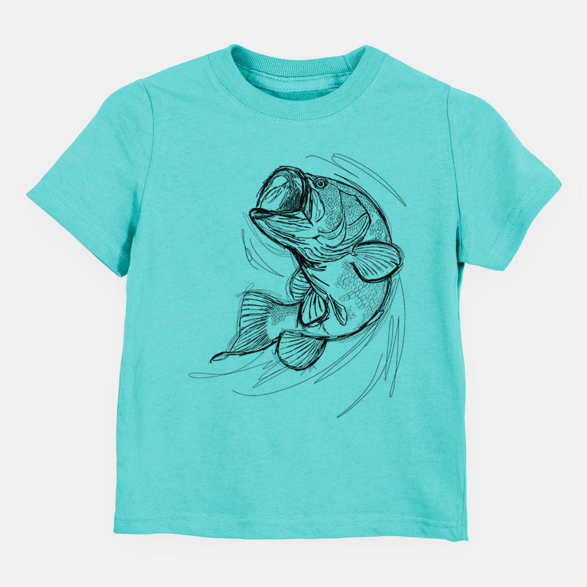 Caribbean blue toddler t-shirt laid flat, printed with a detailed black ink illustration of a largemouth bass leaping with its mouth open.