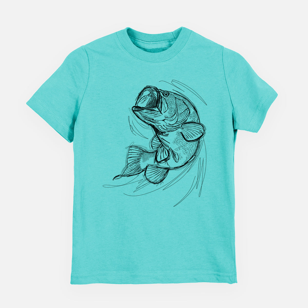 Caribbean blue youth t-shirt laid flat, printed with a detailed black ink illustration of a largemouth bass leaping with its mouth open.