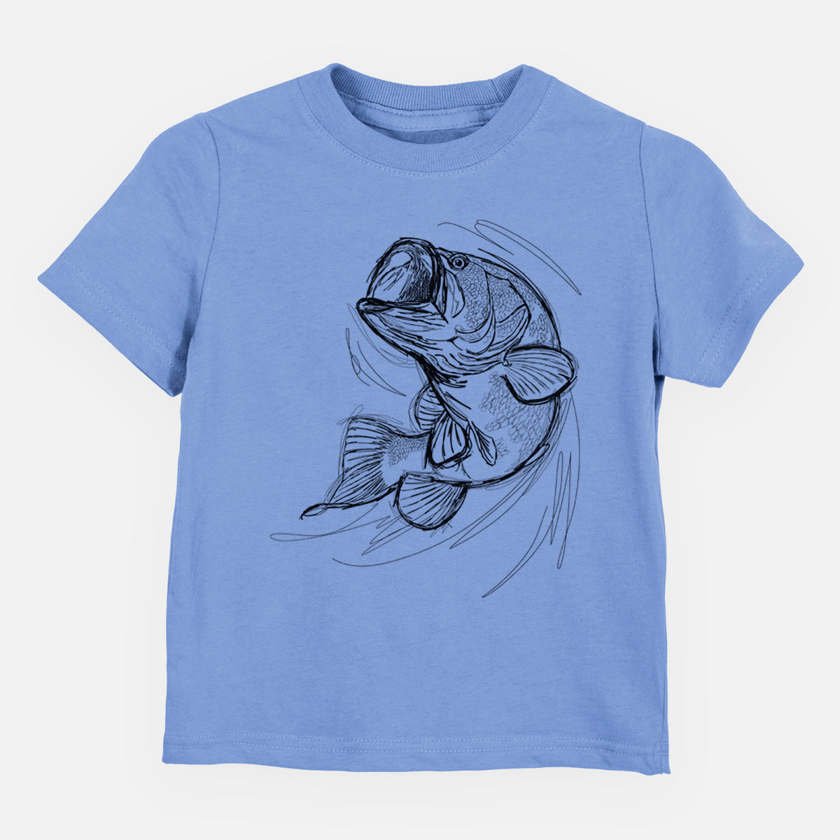 Carolina blue toddler t-shirt laid flat, printed with a detailed black ink illustration of a largemouth bass leaping with its mouth open.