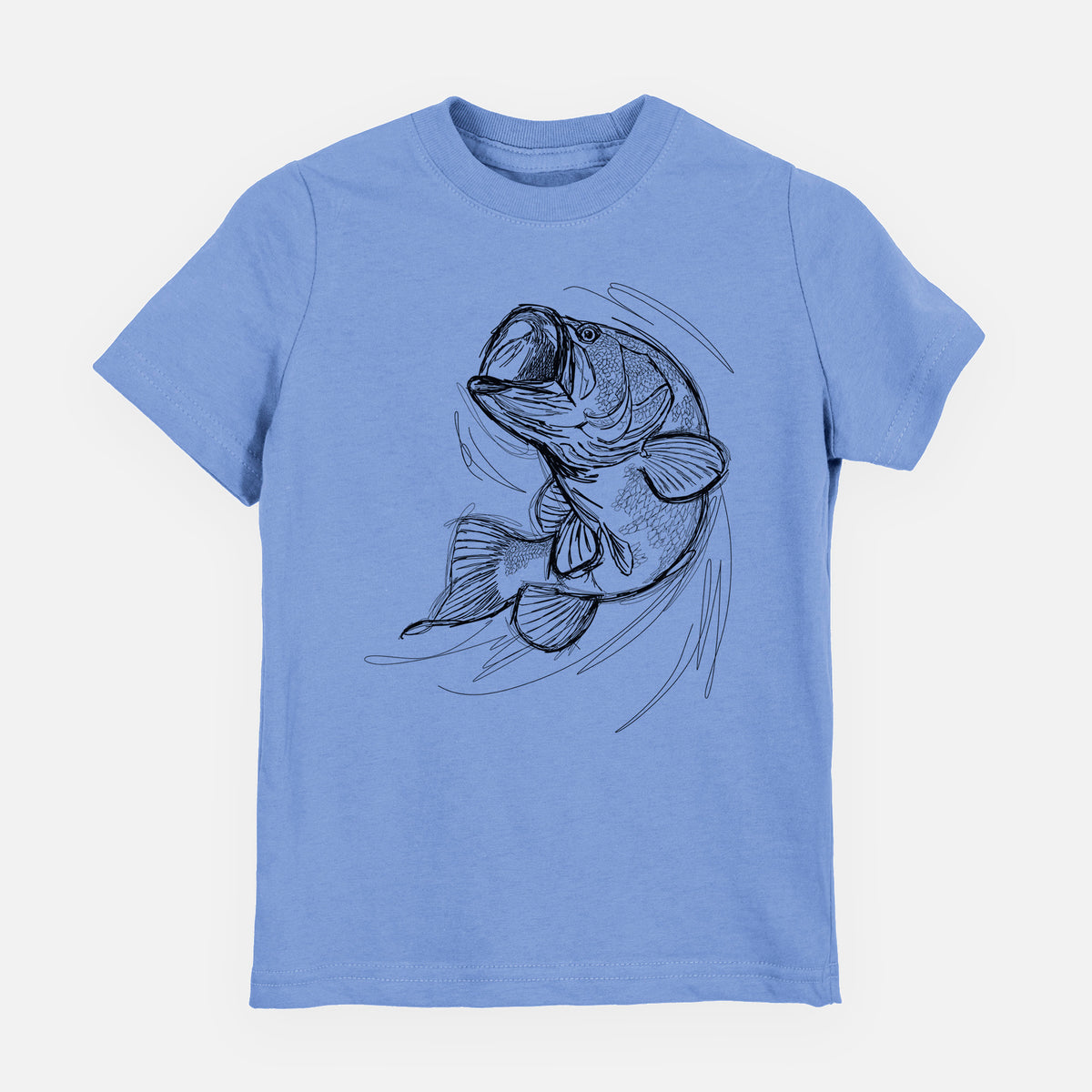 Carolina blue youth t-shirt laid flat, printed with a detailed black ink illustration of a largemouth bass leaping with its mouth open.