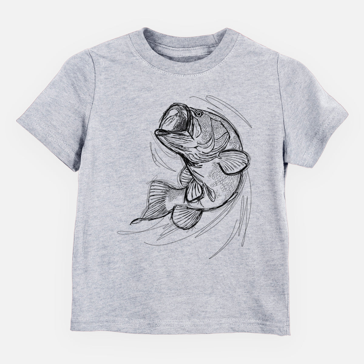 Heather grey toddler t-shirt laid flat, printed with a detailed black ink illustration of a largemouth bass leaping with its mouth open.