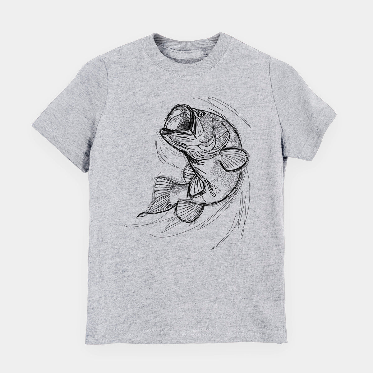 Heather grey youth t-shirt laid flat, printed with a detailed black ink illustration of a largemouth bass leaping with its mouth open.
