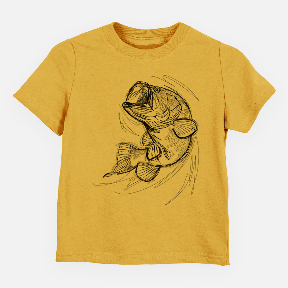 Honeycomb yellow toddler t-shirt laid flat, printed with a detailed black ink illustration of a largemouth bass leaping with its mouth open.