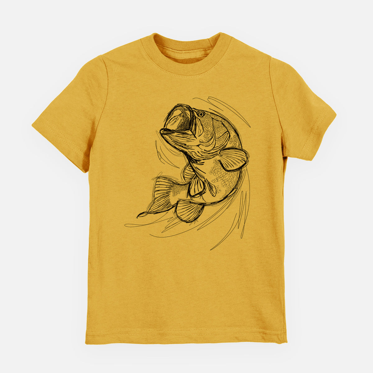 Honeycomb yellow youth t-shirt laid flat, printed with a detailed black ink illustration of a largemouth bass leaping with its mouth open.