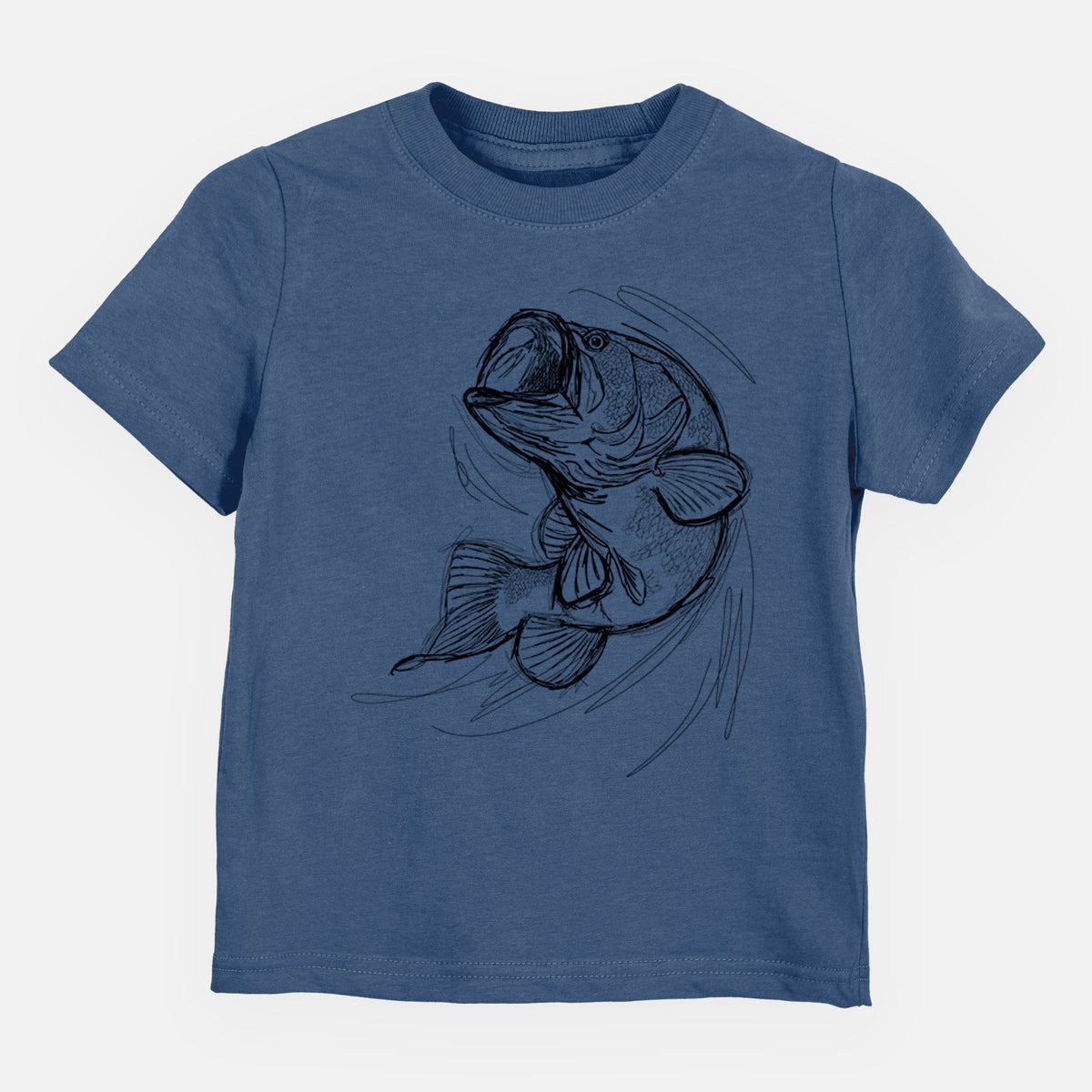 Indigo blue toddler t-shirt laid flat, printed with a detailed black ink illustration of a largemouth bass leaping with its mouth open.