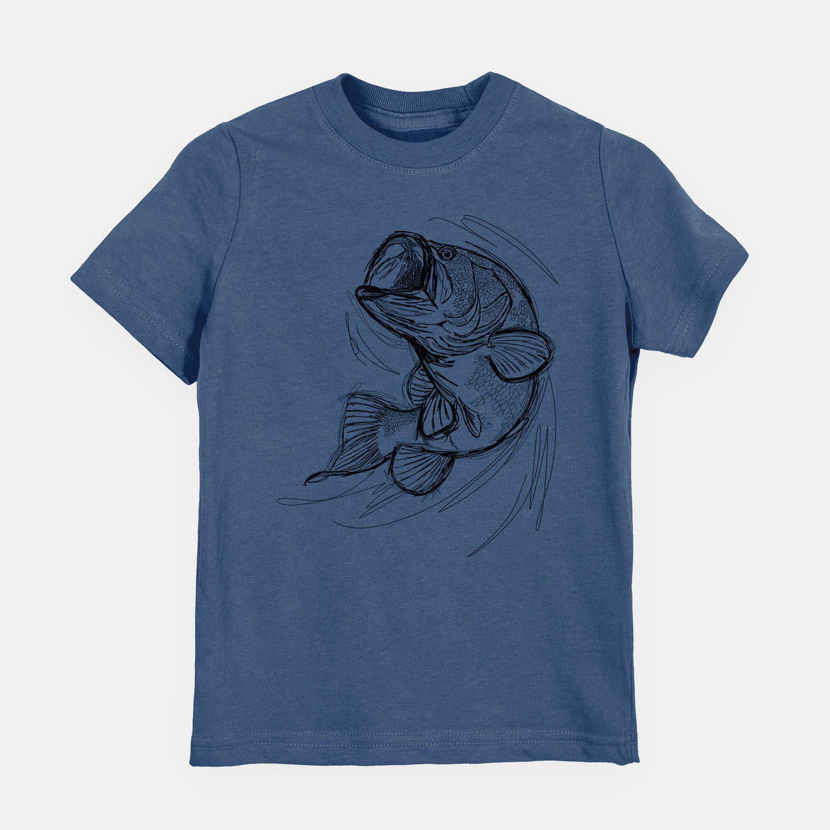 Indigo blue youth t-shirt laid flat, printed with a detailed black ink illustration of a largemouth bass leaping with its mouth open.