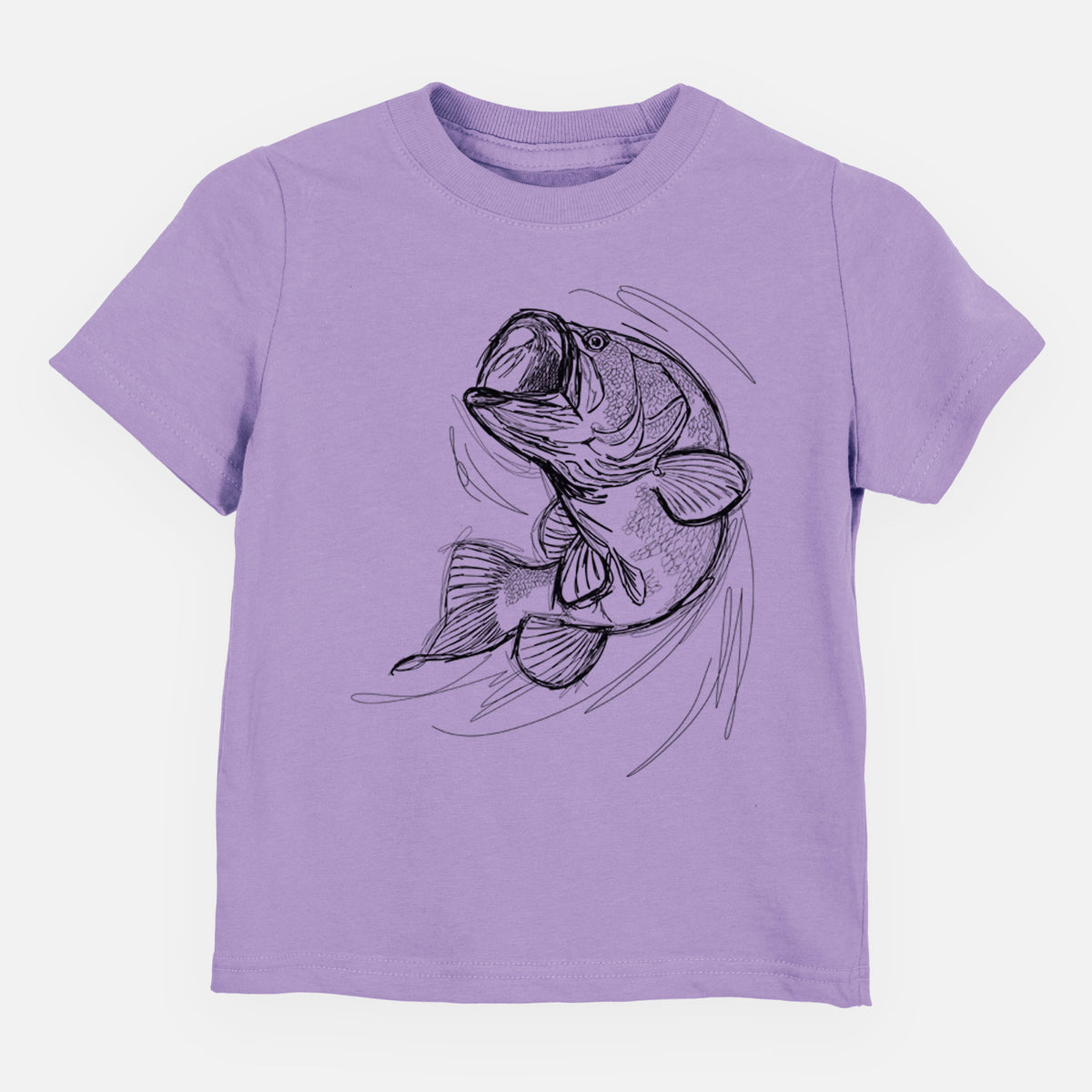 Lavender toddler t-shirt laid flat, printed with a detailed black ink illustration of a largemouth bass leaping with its mouth open.