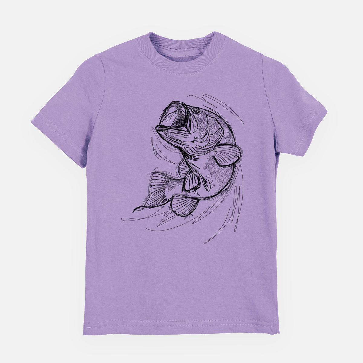 Lavender youth t-shirt laid flat, printed with a detailed black ink illustration of a largemouth bass leaping with its mouth open.