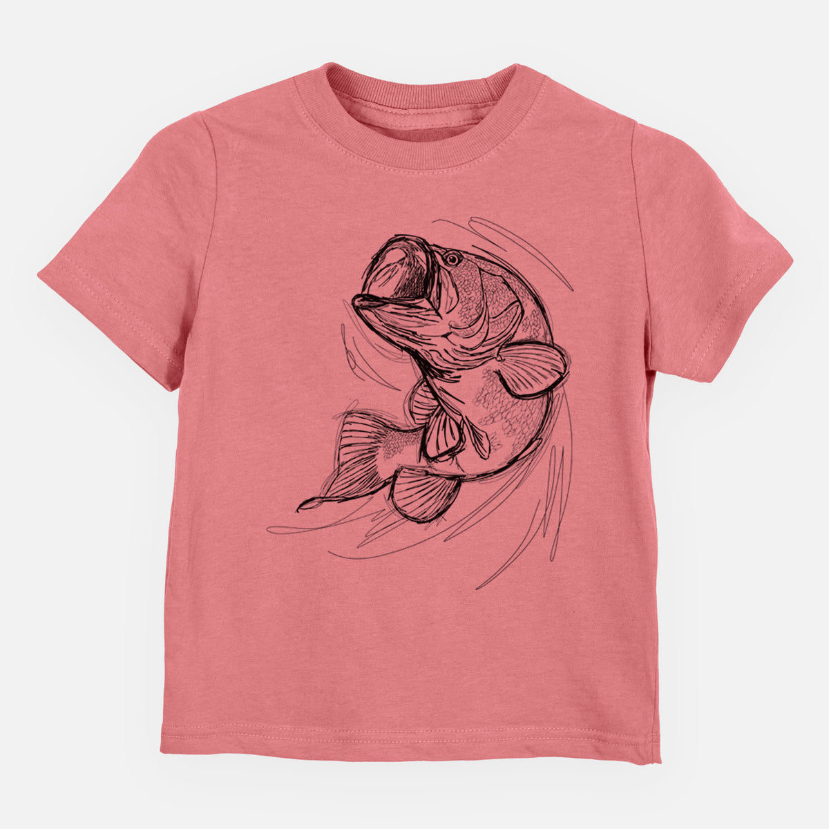 Mauve pink toddler t-shirt laid flat, printed with a detailed black ink illustration of a largemouth bass leaping with its mouth open.