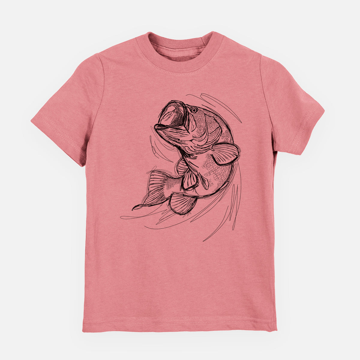 Mauve pink youth t-shirt laid flat, printed with a detailed black ink illustration of a largemouth bass leaping with its mouth open.