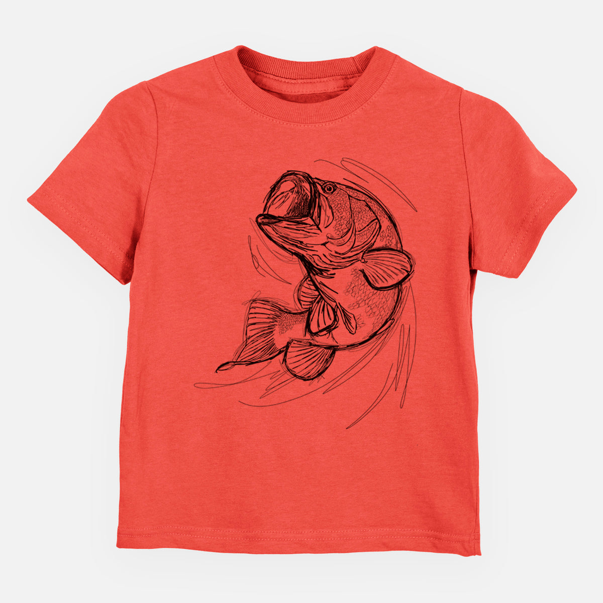 Passionfruit pink toddler t-shirt laid flat, printed with a detailed black ink illustration of a largemouth bass leaping with its mouth open.