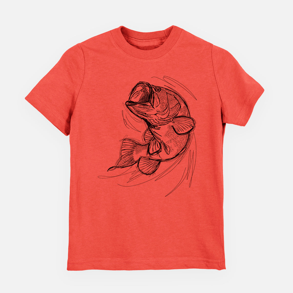 Passionfruit pink youth t-shirt laid flat, printed with a detailed black ink illustration of a largemouth bass leaping with its mouth open.