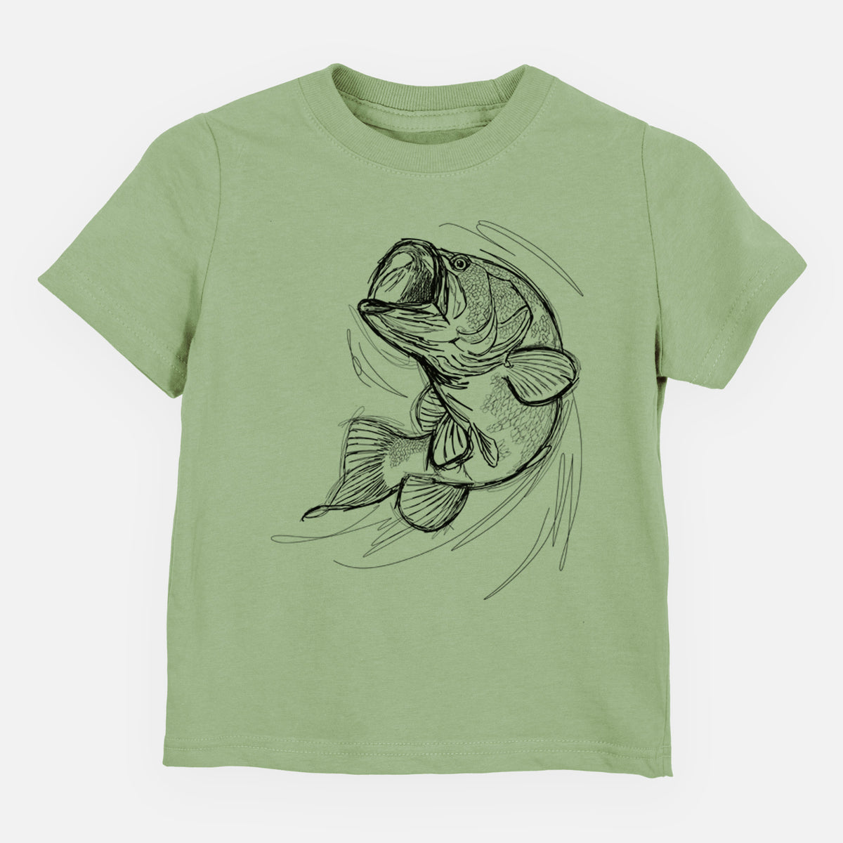 Sage green toddler t-shirt laid flat, printed with a detailed black ink illustration of a largemouth bass leaping with its mouth open.