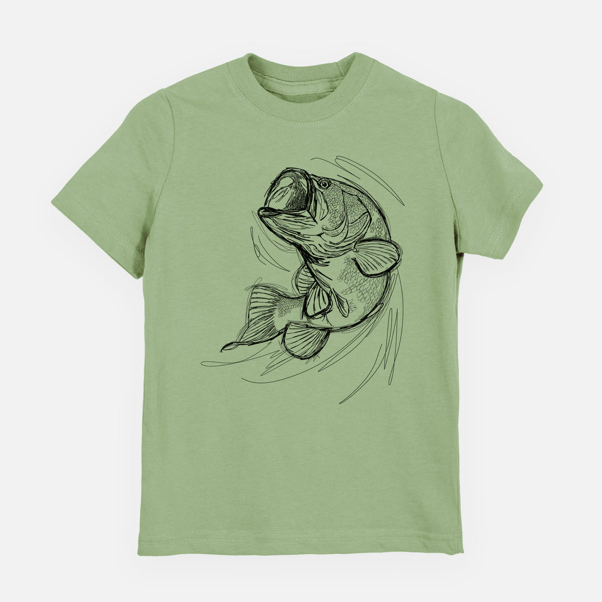 Sage green youth t-shirt laid flat, printed with a detailed black ink illustration of a largemouth bass leaping with its mouth open.