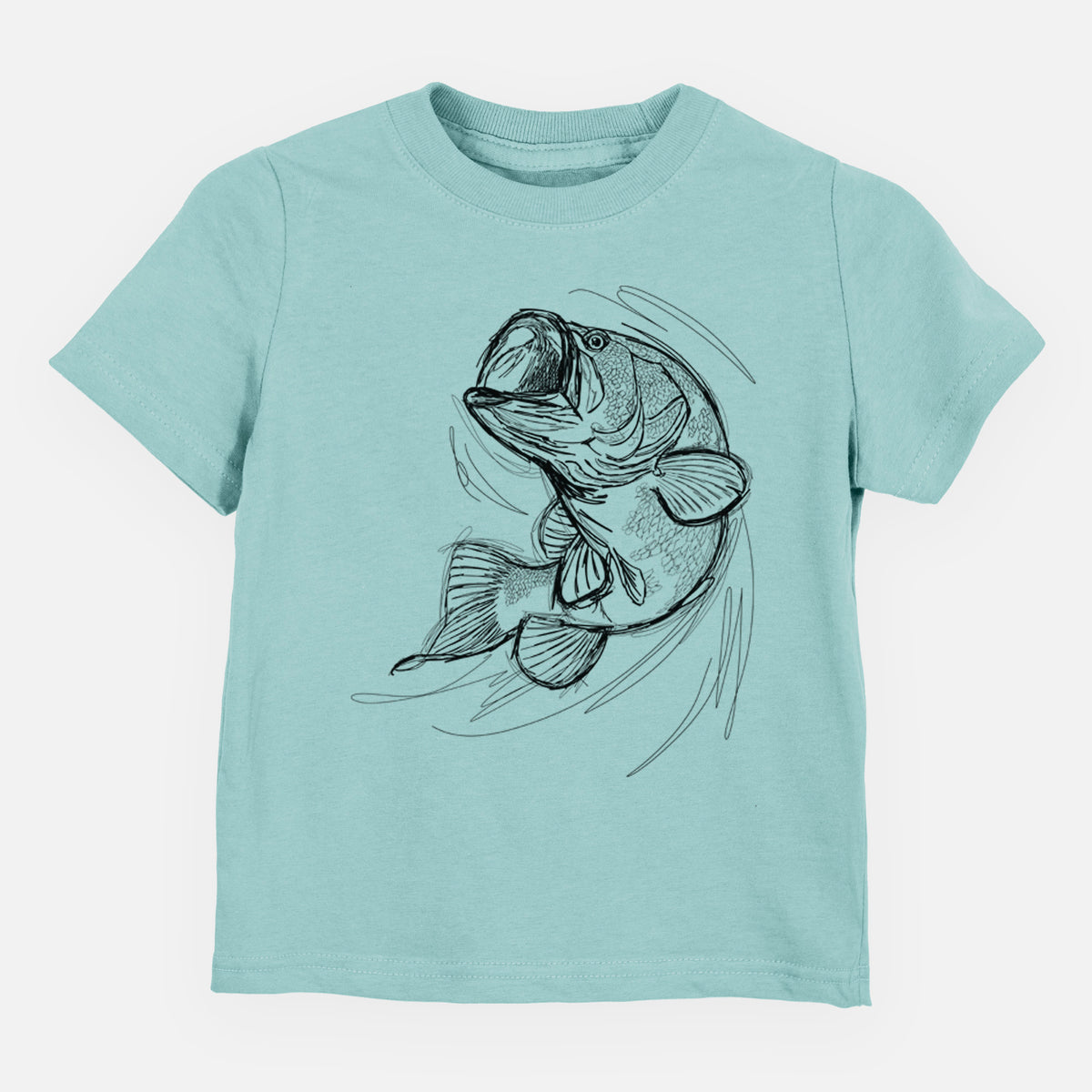 Saltwater toddler t-shirt laid flat, printed with a detailed black ink illustration of a largemouth bass leaping with its mouth open.