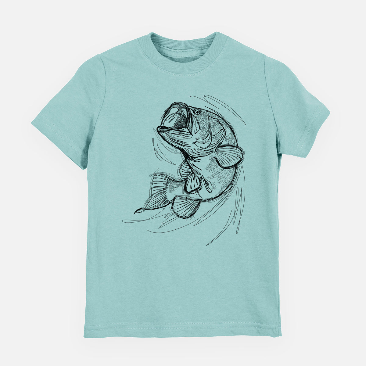 Saltwater youth t-shirt laid flat, printed with a detailed black ink illustration of a largemouth bass leaping with its mouth open.