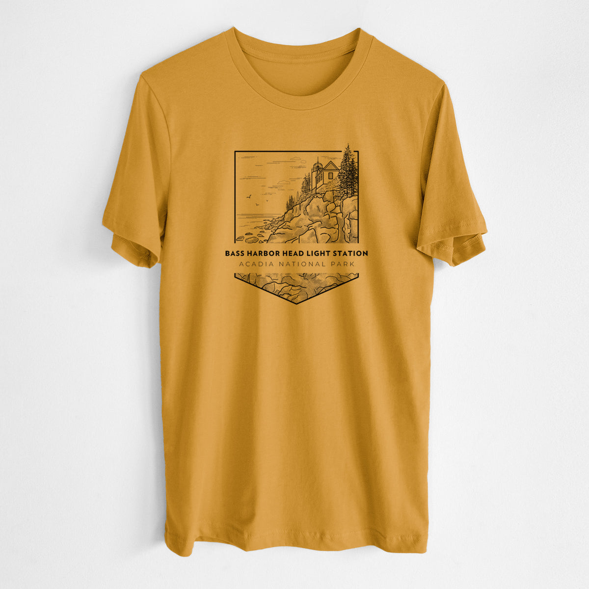 Honeycomb yellow lightweight cotton t-shirt laid flat, printed with a black line art badge of Bass Harbor Head Light Station on a rocky cliff, with the words Acadia National Park.