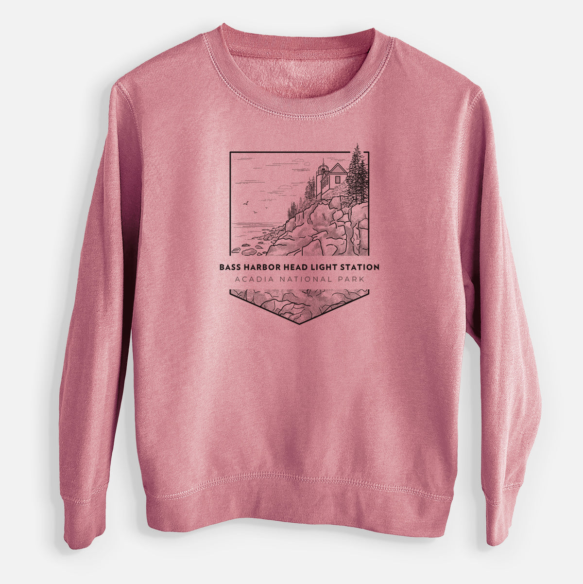 Mauve pink youth crewneck sweatshirt laid flat, printed with a black line art badge of Bass Harbor Head Light Station on a rocky cliff, with the words Acadia National Park.