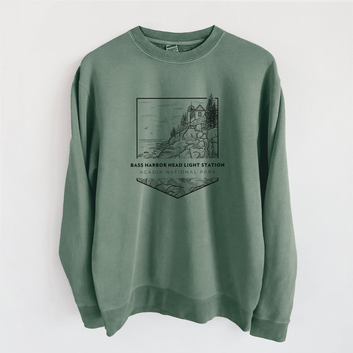 Bass Harbor Head Light Station - Acadia National Park - Unisex Pigment Dyed Crew Sweatshirt in Alpine Green