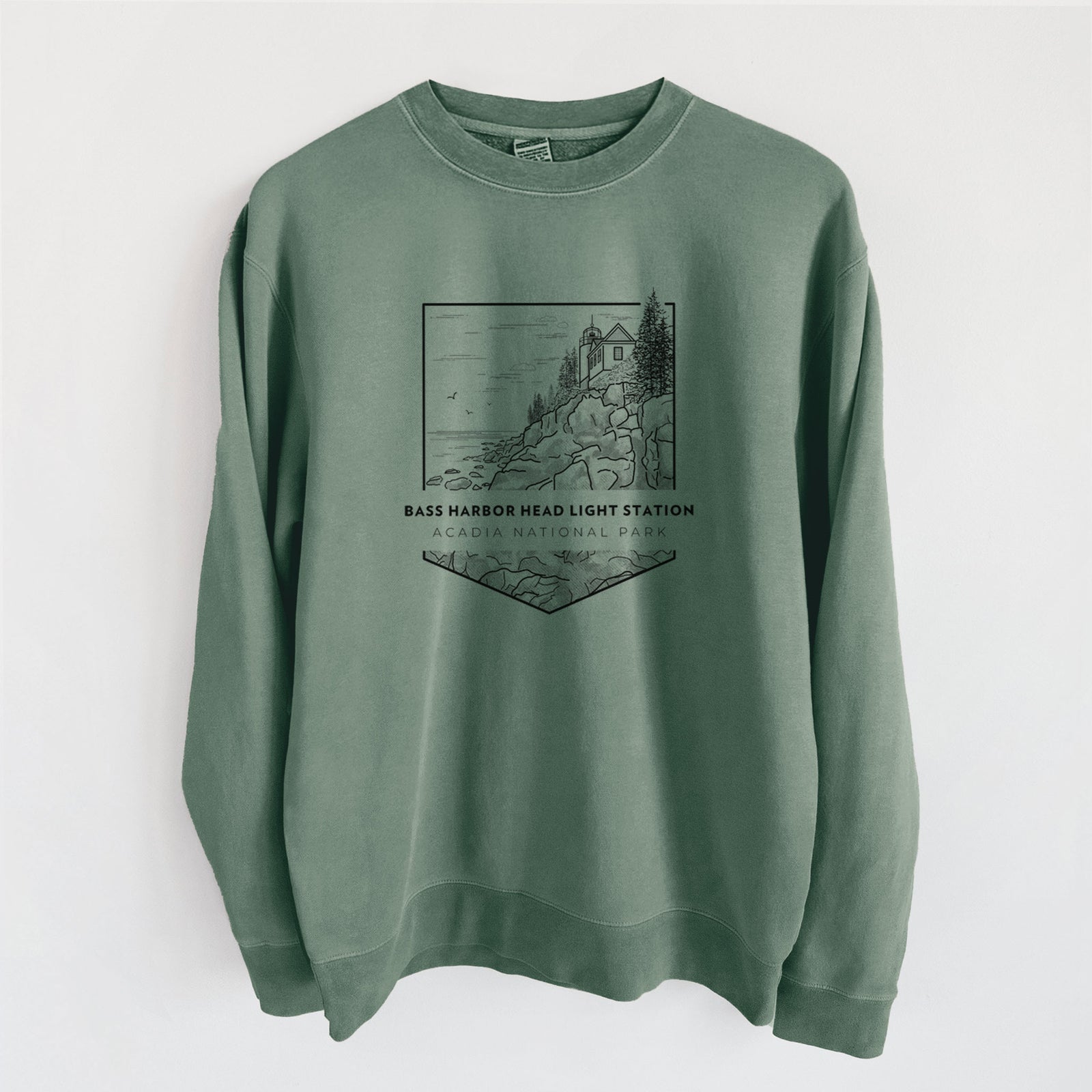 Bass Harbor Head Light Station - Acadia National Park - Unisex Pigment Dyed Crew Sweatshirt in Alpine Green