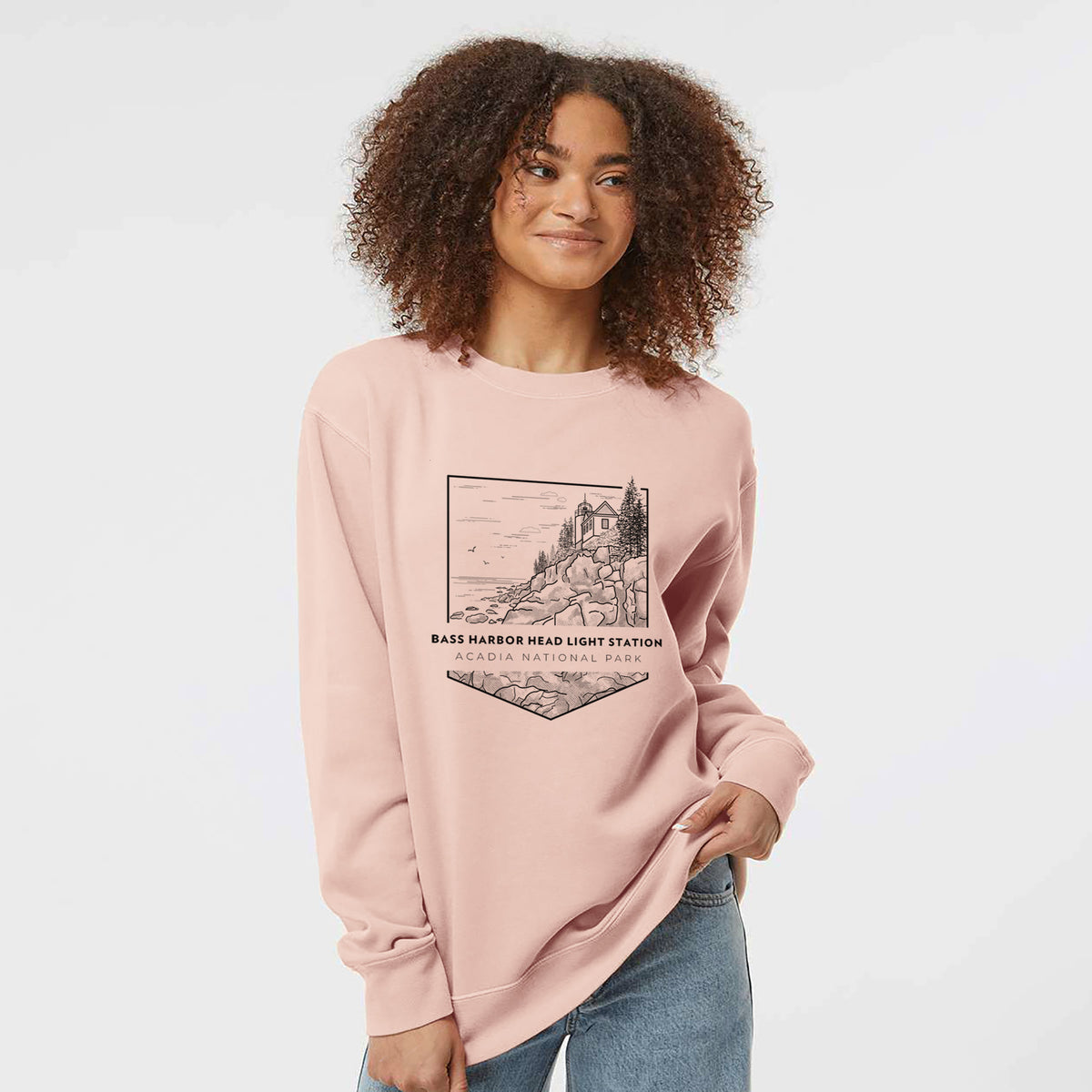 Bass Harbor Head Light Station - Acadia National Park - Unisex Pigment Dyed Crew Sweatshirt in Dusty Pink