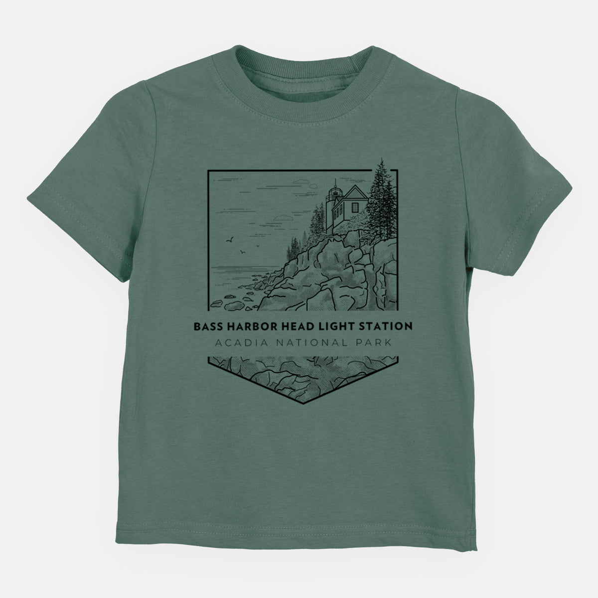 Basil green toddler t-shirt laid flat, printed with a black line art badge of Bass Harbor Head Light Station on a rocky cliff, with the words Acadia National Park.