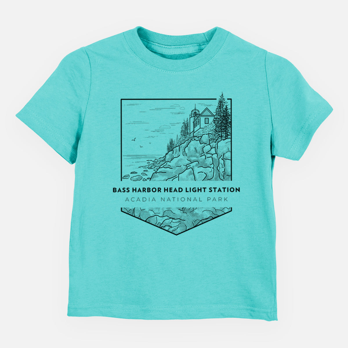 Caribbean blue toddler t-shirt laid flat, printed with a black line art badge of Bass Harbor Head Light Station on a rocky cliff, with the words Acadia National Park.