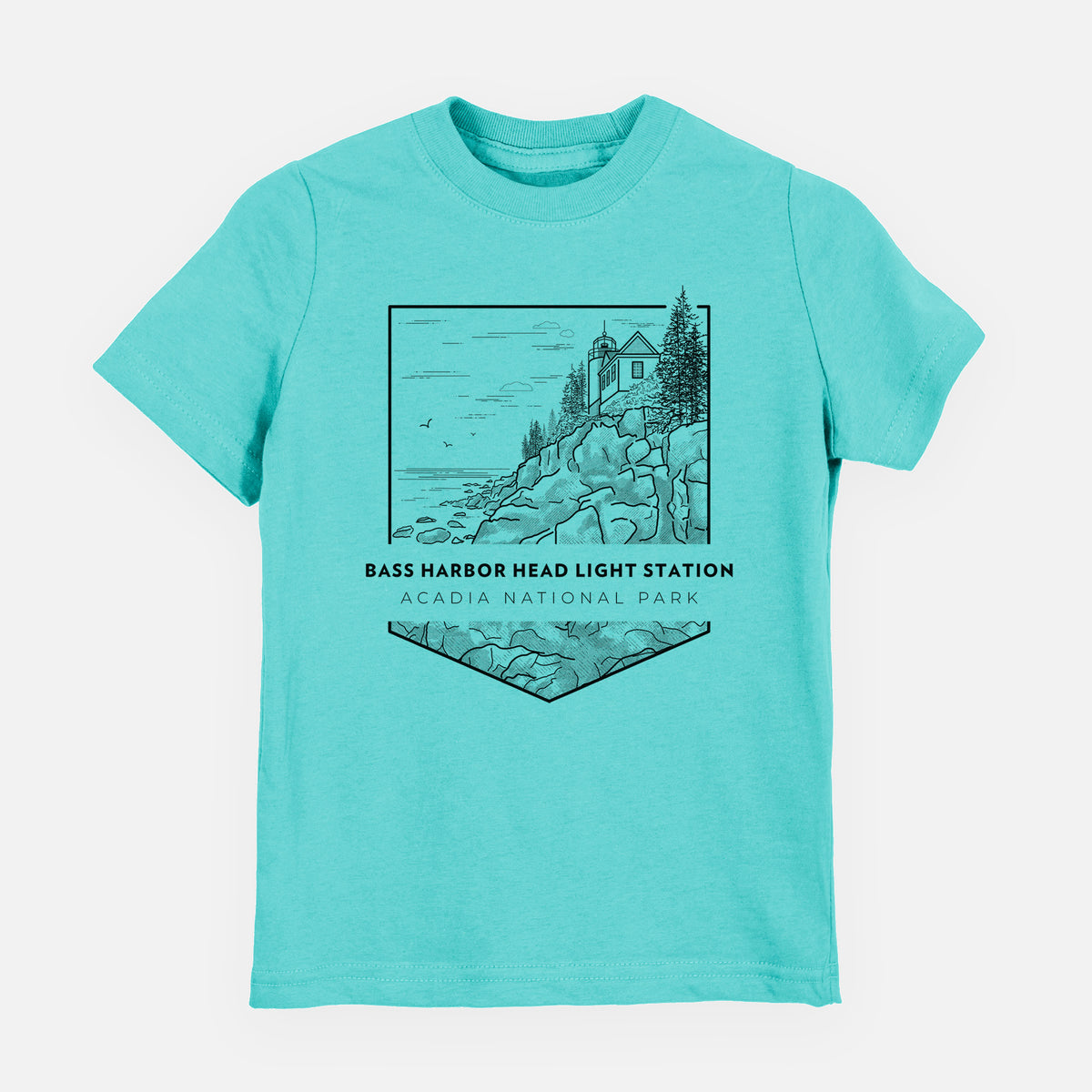 Caribbean blue youth t-shirt laid flat, printed with a black line art badge of Bass Harbor Head Light Station on a rocky cliff, with the words Acadia National Park.
