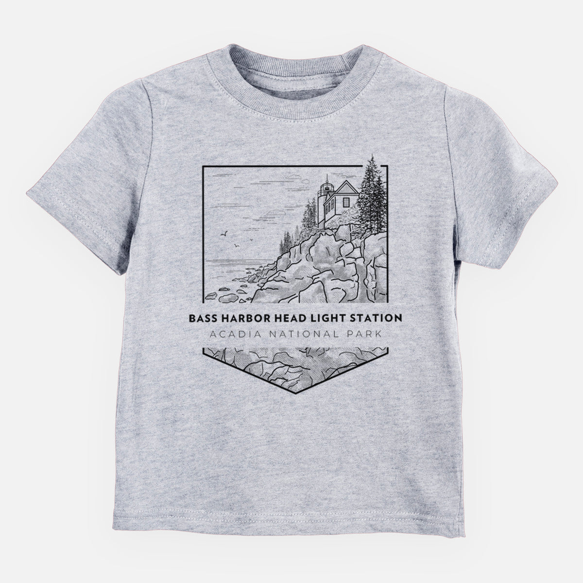 Heather grey toddler t-shirt laid flat, printed with a black line art badge of Bass Harbor Head Light Station on a rocky cliff, with the words Acadia National Park.