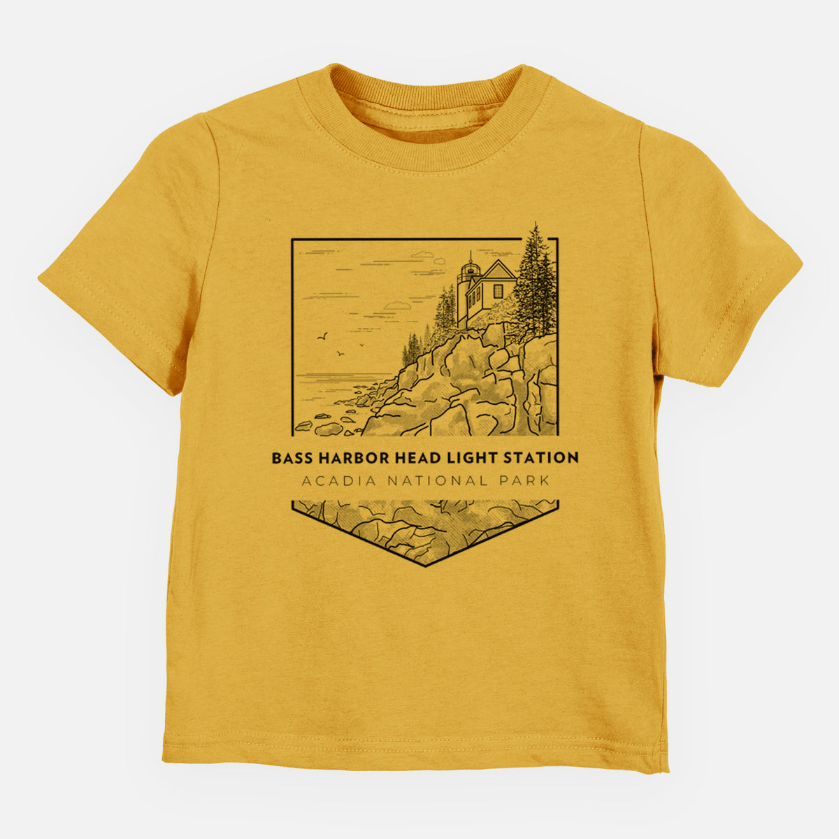 Honeycomb yellow toddler t-shirt laid flat, printed with a black line art badge of Bass Harbor Head Light Station on a rocky cliff, with the words Acadia National Park.