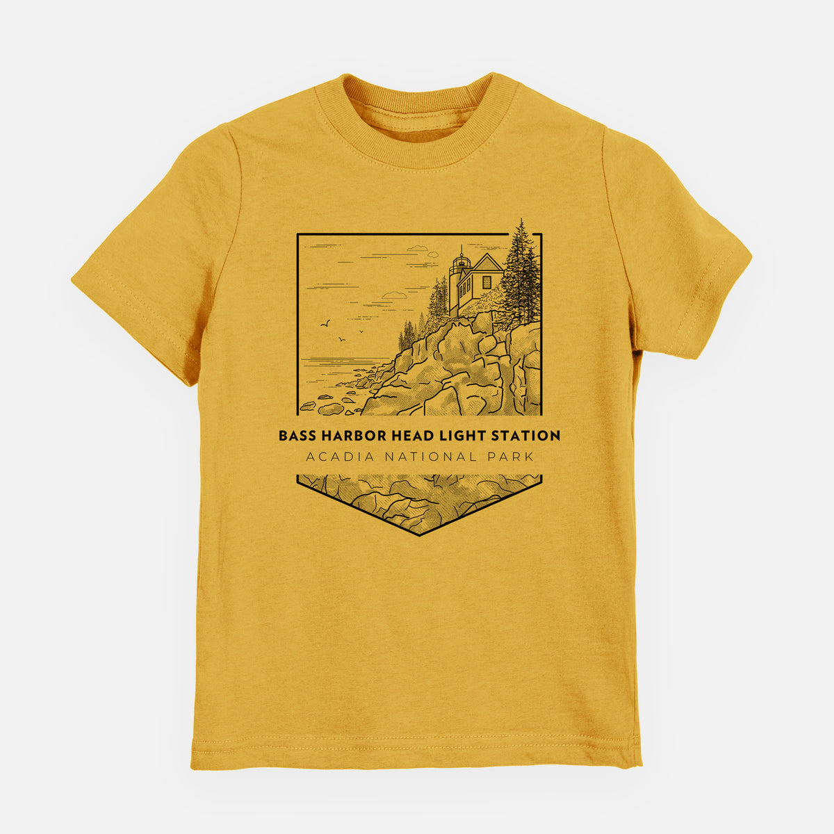 Honeycomb yellow youth t-shirt laid flat, printed with a black line art badge of Bass Harbor Head Light Station on a rocky cliff, with the words Acadia National Park.