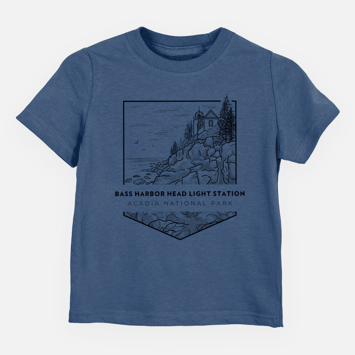 Indigo blue toddler t-shirt laid flat, printed with a black line art badge of Bass Harbor Head Light Station on a rocky cliff, with the words Acadia National Park.