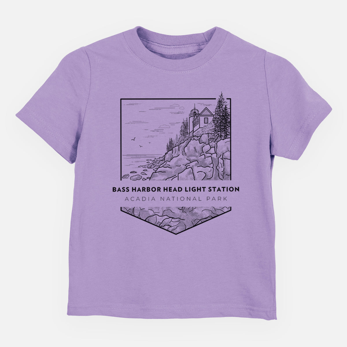 Lavender toddler t-shirt laid flat, printed with a black line art badge of Bass Harbor Head Light Station on a rocky cliff, with the words Acadia National Park.