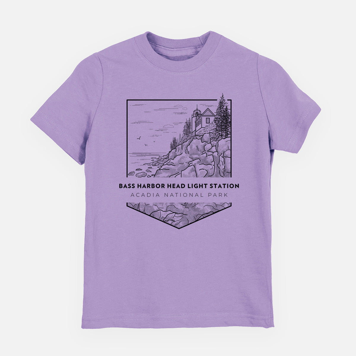 Lavender youth t-shirt laid flat, printed with a black line art badge of Bass Harbor Head Light Station on a rocky cliff, with the words Acadia National Park.