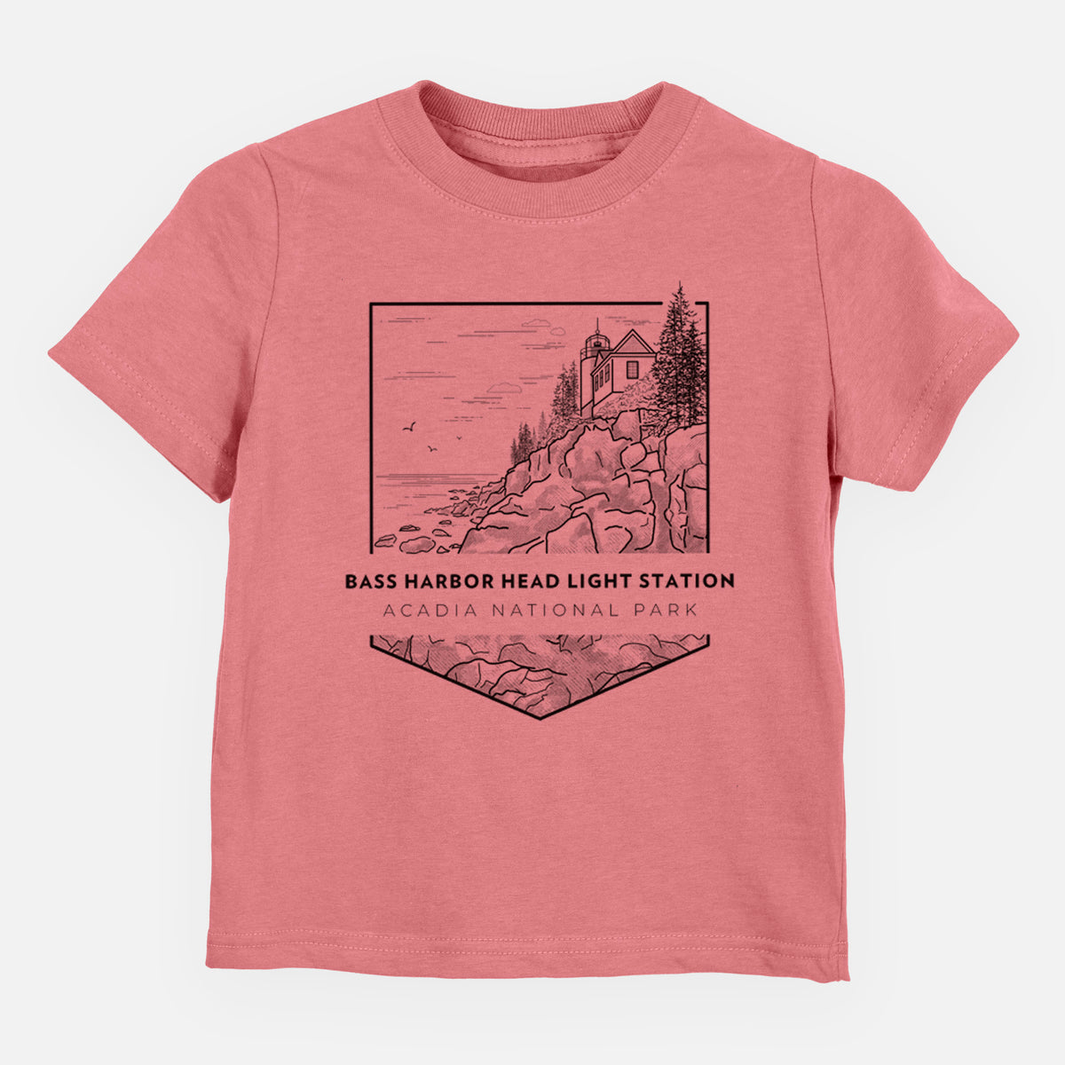 Mauve pink toddler t-shirt laid flat, printed with a black line art badge of Bass Harbor Head Light Station on a rocky cliff, with the words Acadia National Park.