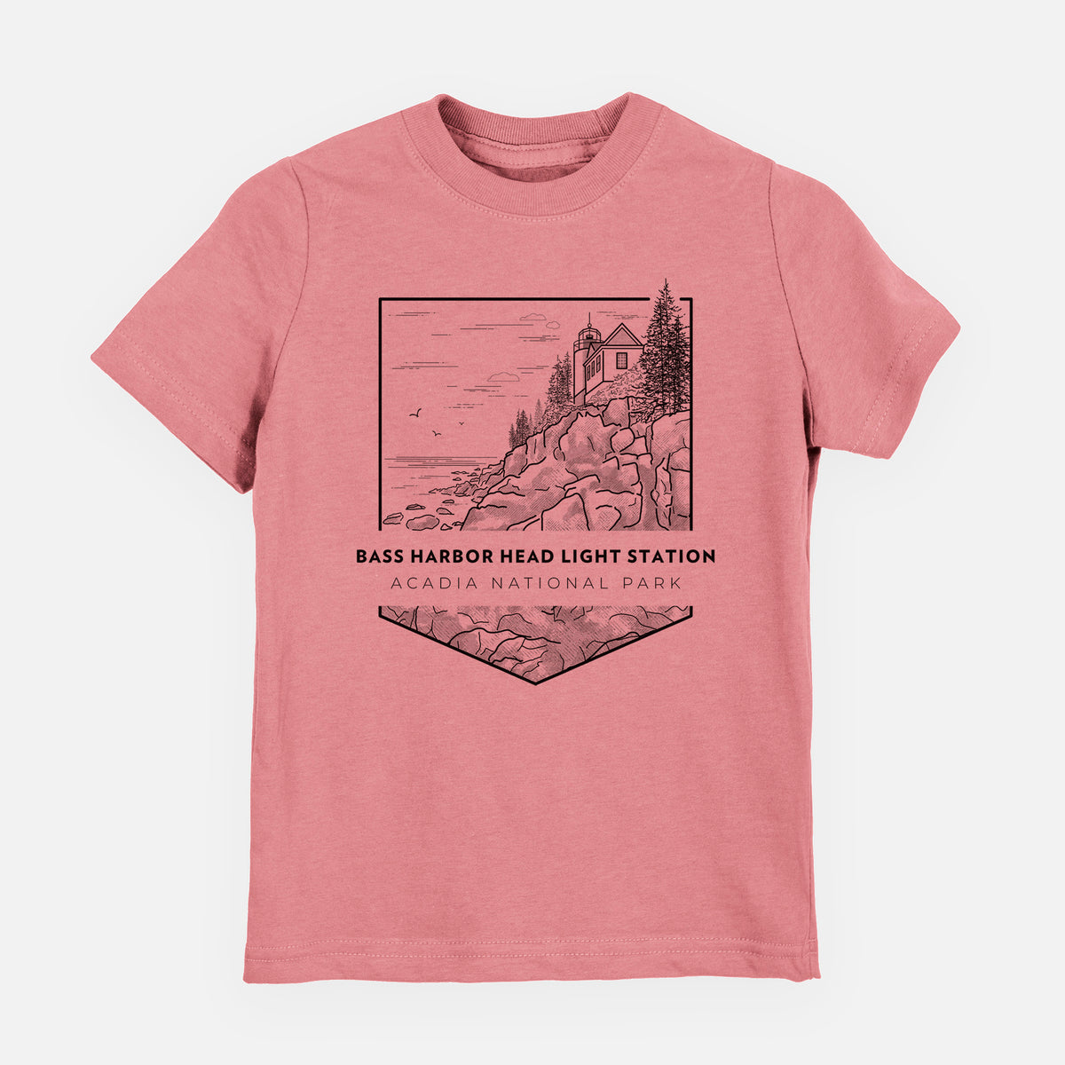 Mauve pink youth t-shirt laid flat, printed with a black line art badge of Bass Harbor Head Light Station on a rocky cliff, with the words Acadia National Park.